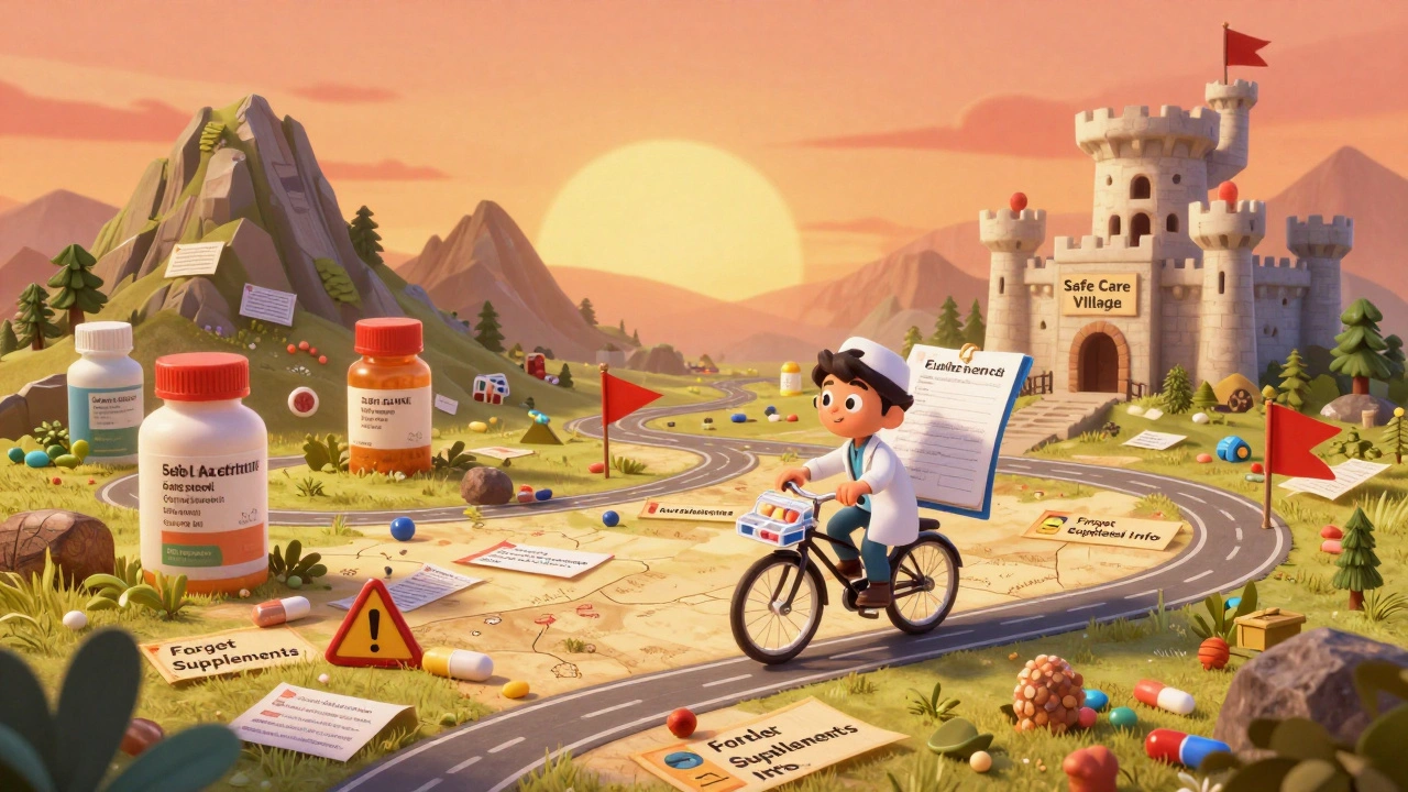 A whimsical medication list as a treasure map with pill bottles as mountains and allergy warnings as red flags.