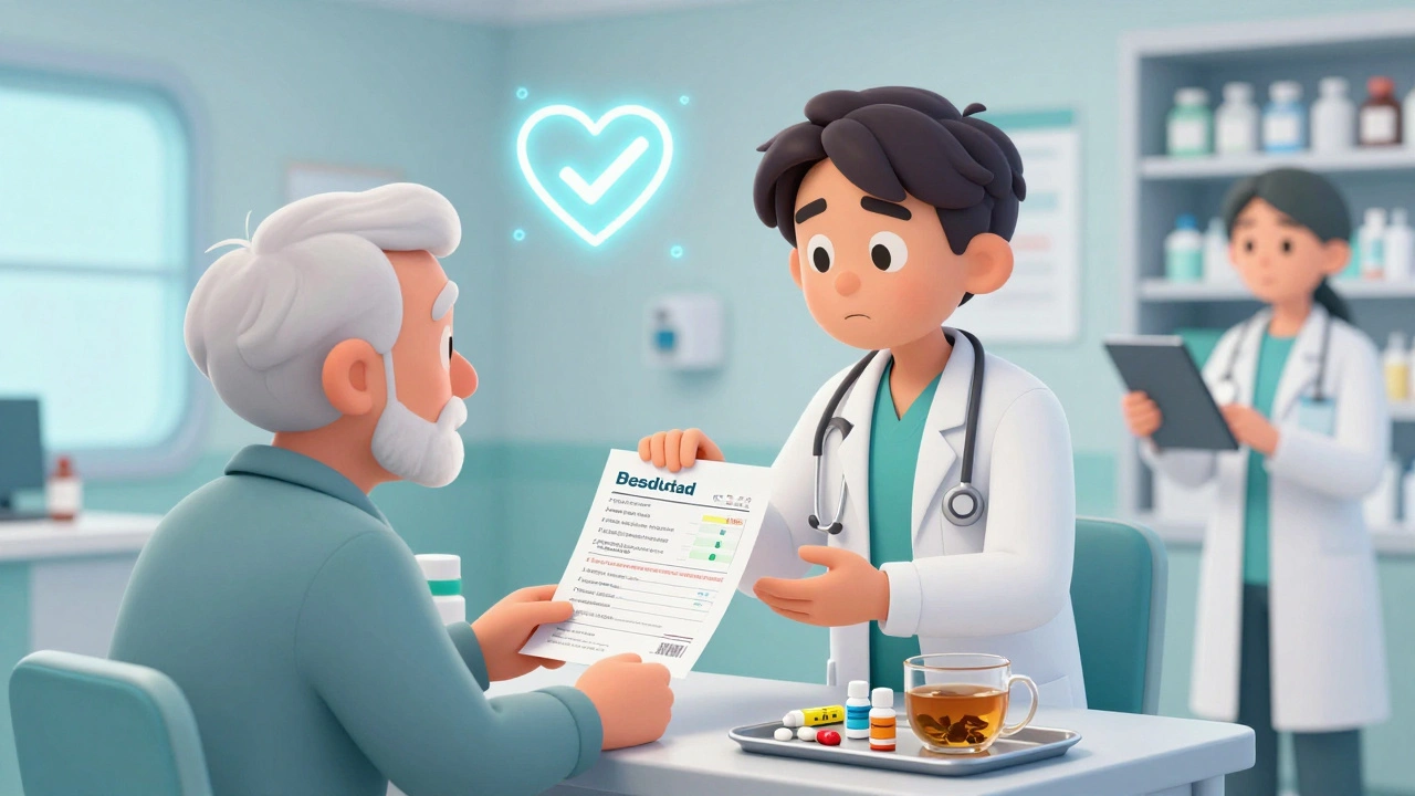 An elderly patient gives a detailed medication list to an ER doctor in a bright, clean emergency room.