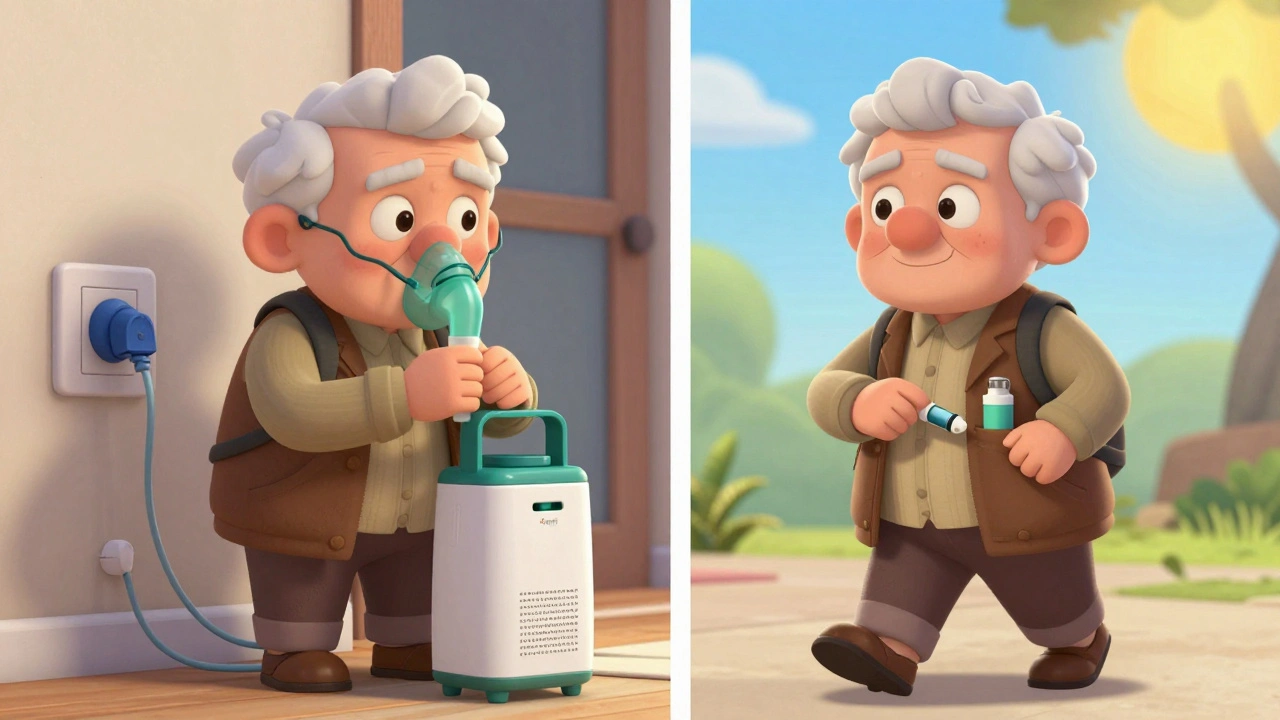An elderly person choosing a portable inhaler over a bulky nebulizer during a power outage.