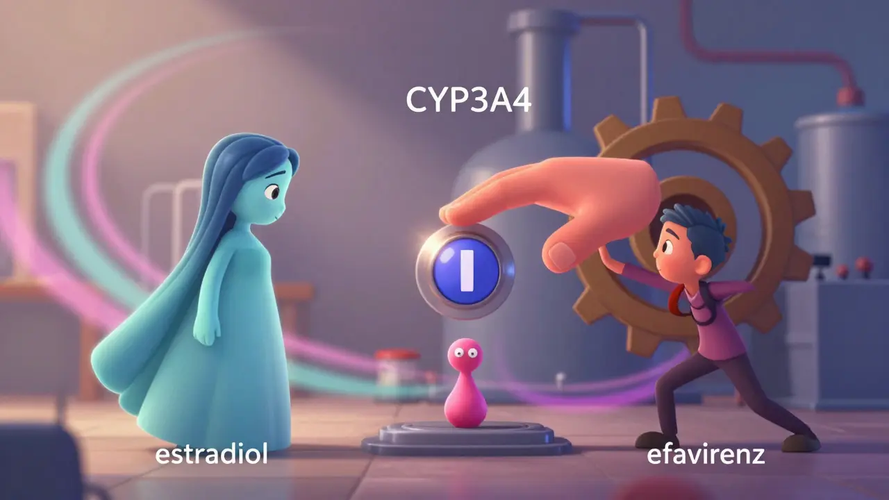 An estradiol figure being slowed by a hand and sped up by a gear, illustrating drug interactions with liver enzymes.