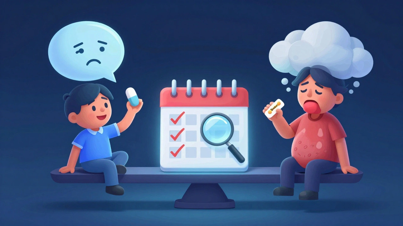 Balanced scale showing mood stability versus thyroid side effects with monitoring tools.