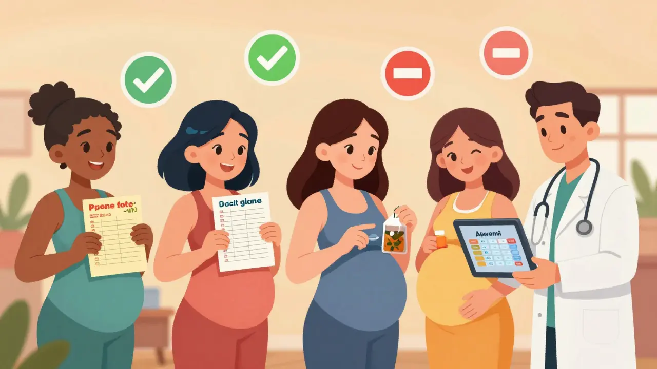 Diverse group of pregnant women in class sharing medication lists with a supportive doctor.