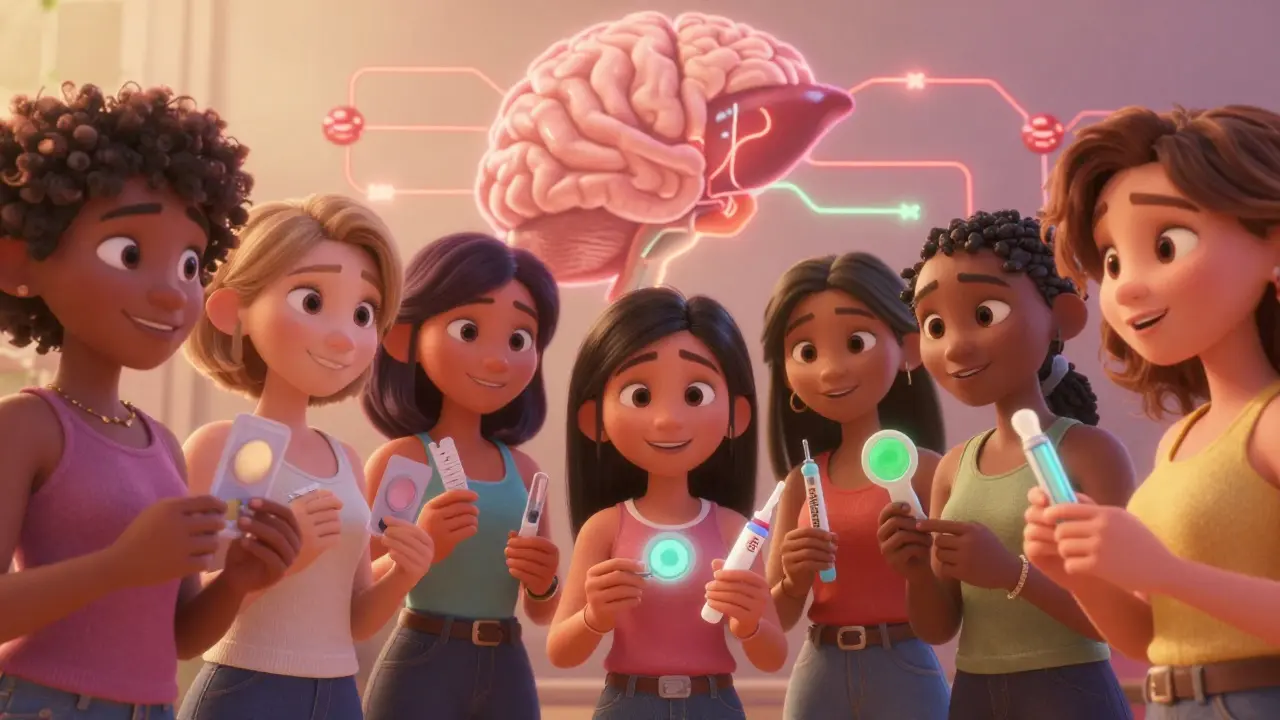 Diverse group of women in a circle, some with unsafe birth control fading, others holding safe IUDs and shots.