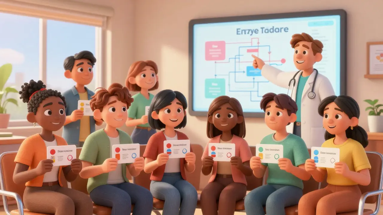 Diverse transgender people in a clinic with a doctor explaining hormone interactions using a visual enzyme pathway chart.