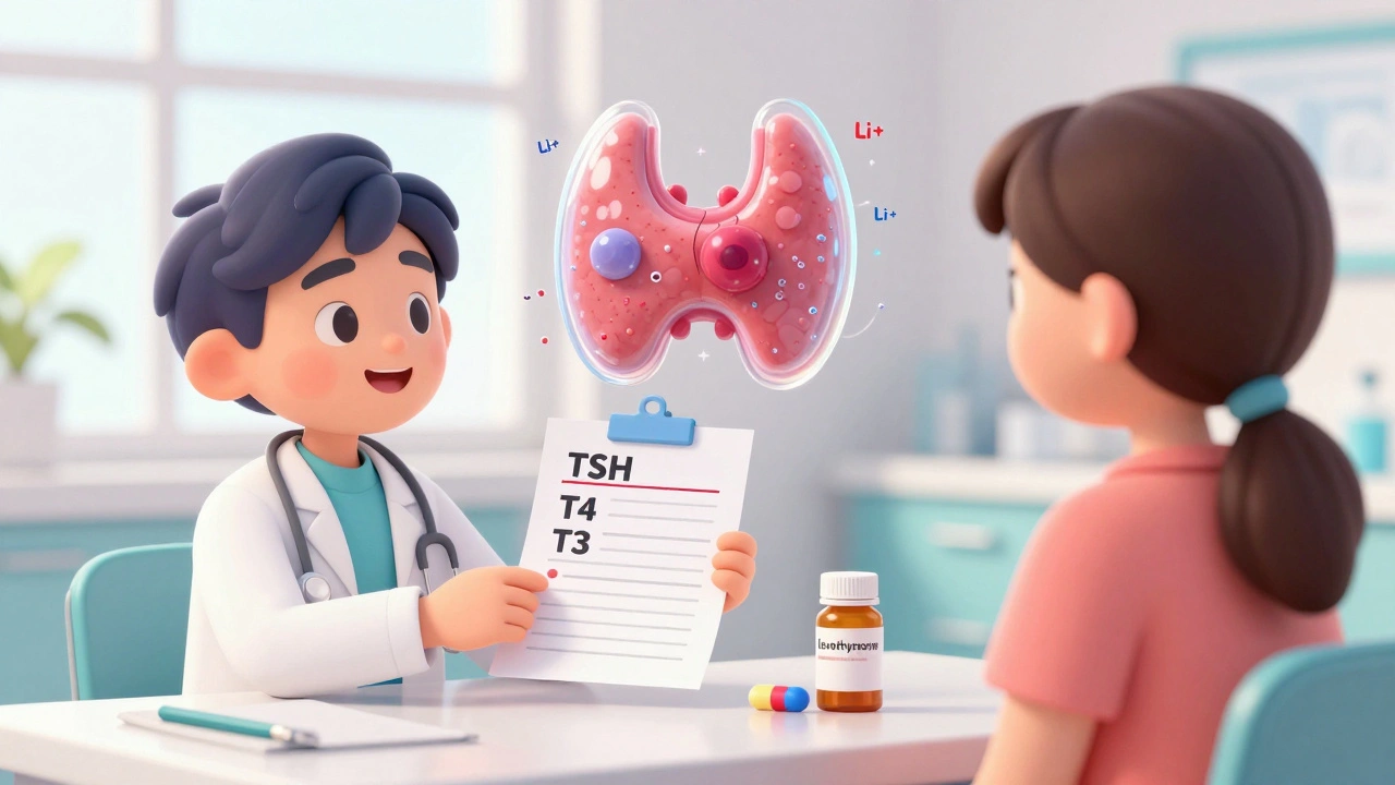 Doctor and patient reviewing blood tests with a cartoon thyroid showing lithium interference.