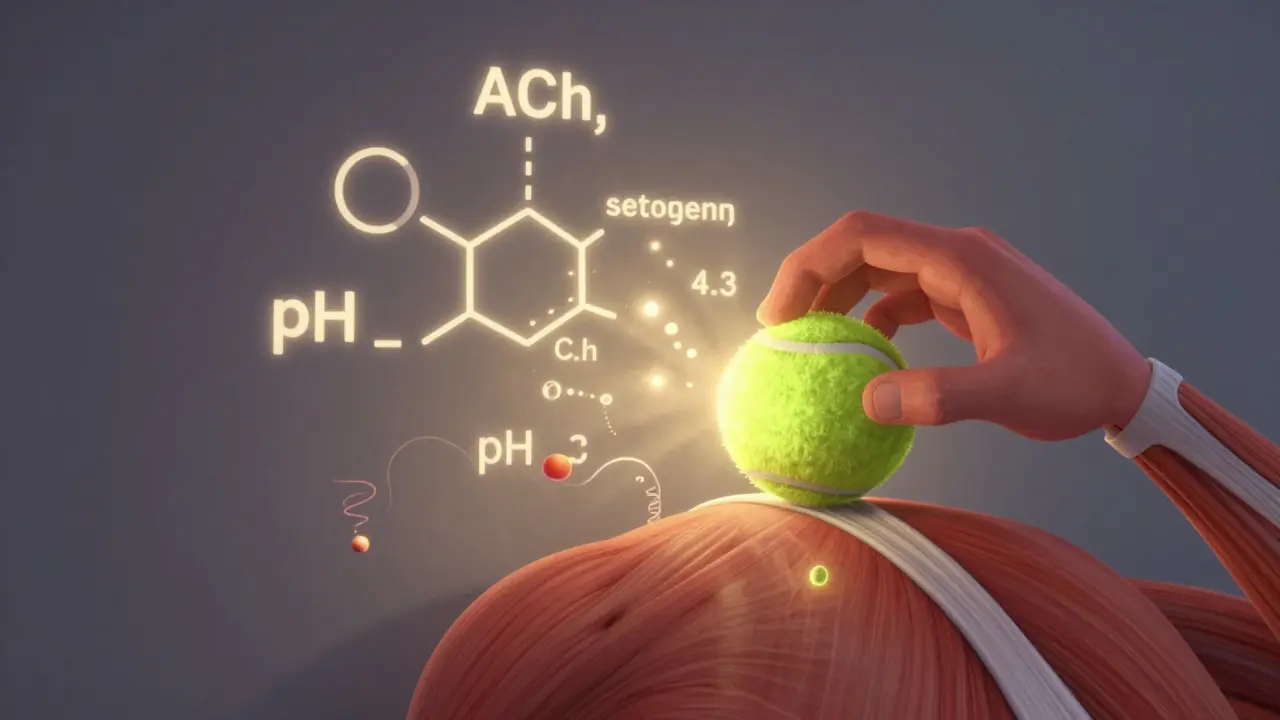 Hand pressing tennis ball on back to release a glowing muscle knot with chemical symbols floating nearby