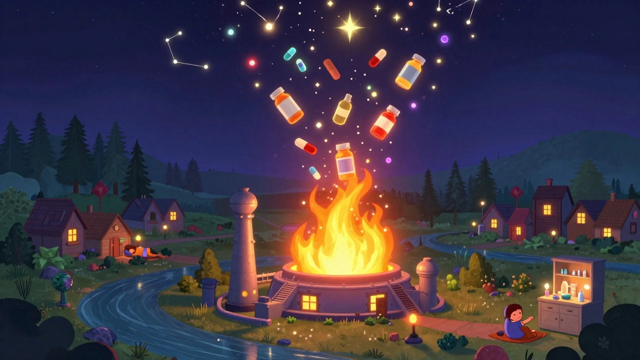 Medications turning into stars in the night sky above a peaceful town.