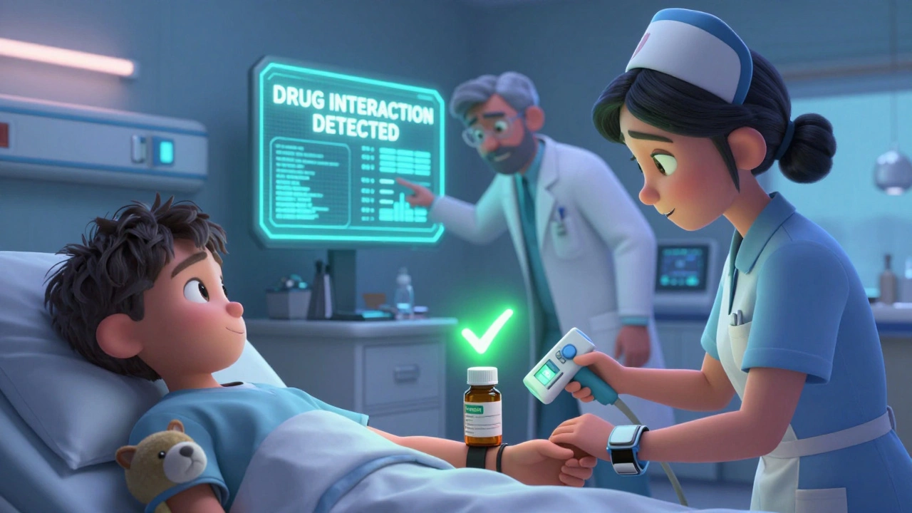 Nurse scanning wristband in hospital room with digital alert glowing above correct pill.