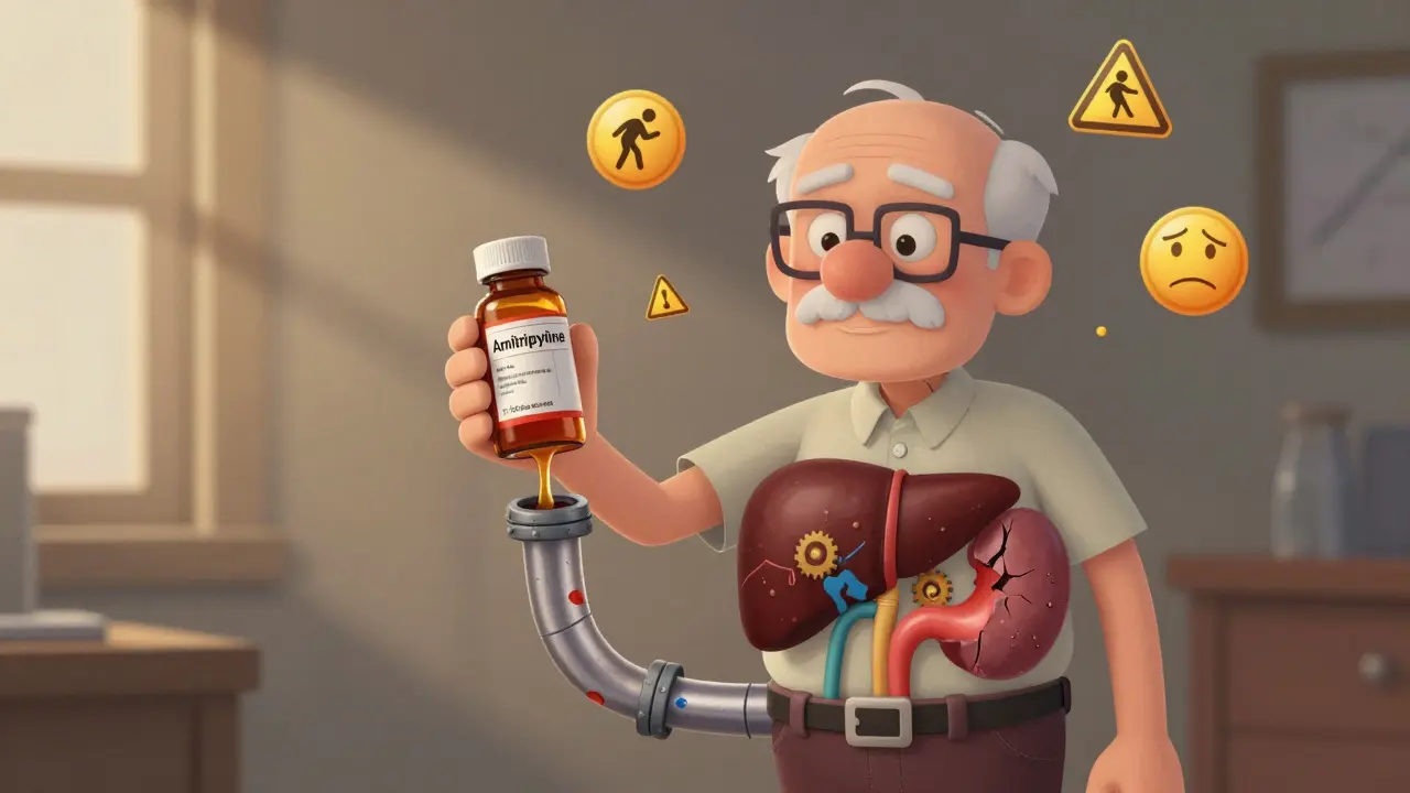 Older man holding medication bottle as drugs accumulate in his body, with warning icons floating nearby.
