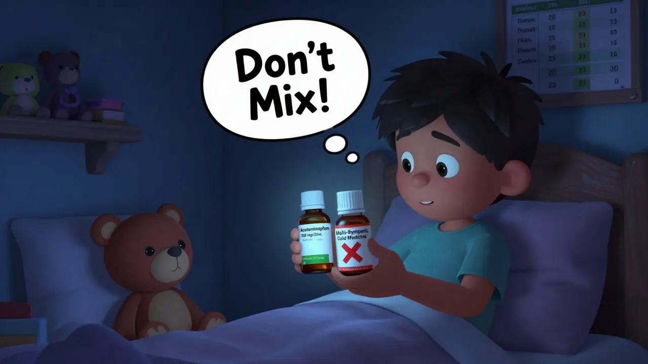 Parent comparing two medicine bottles under nightlight, with a warning symbol between them