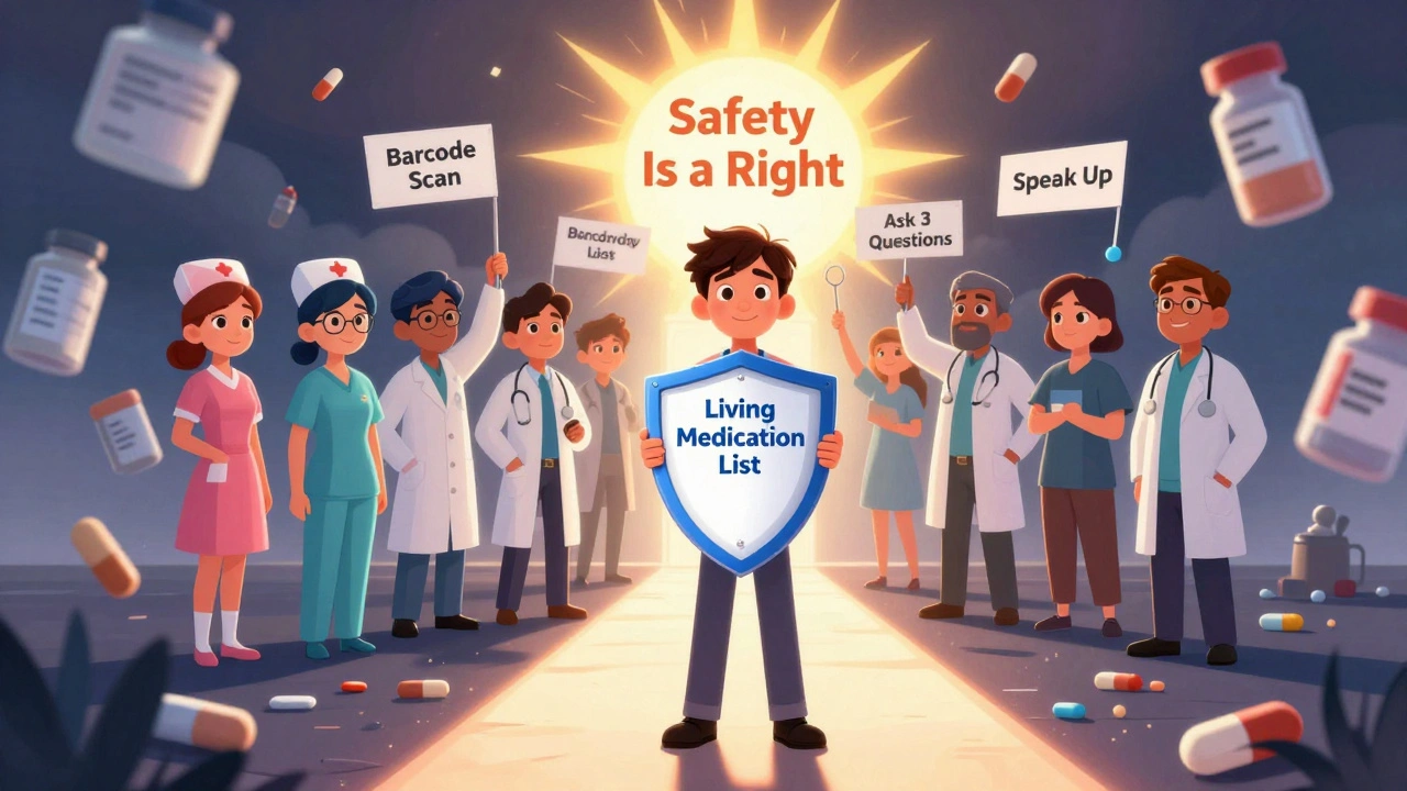 Patient holding medication list as shield against floating drug errors in a vibrant storm.