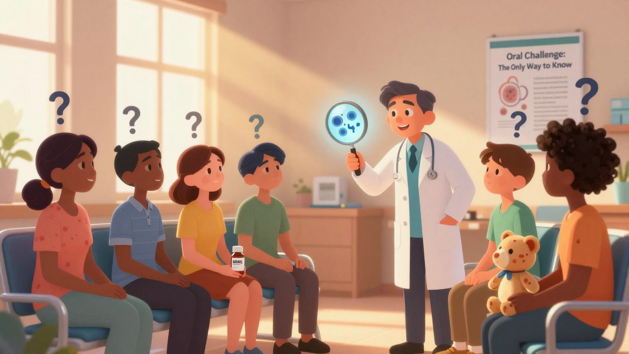 Patients in clinic with antihistamine bottles, doctor using magnifying glass to show receptor activity.