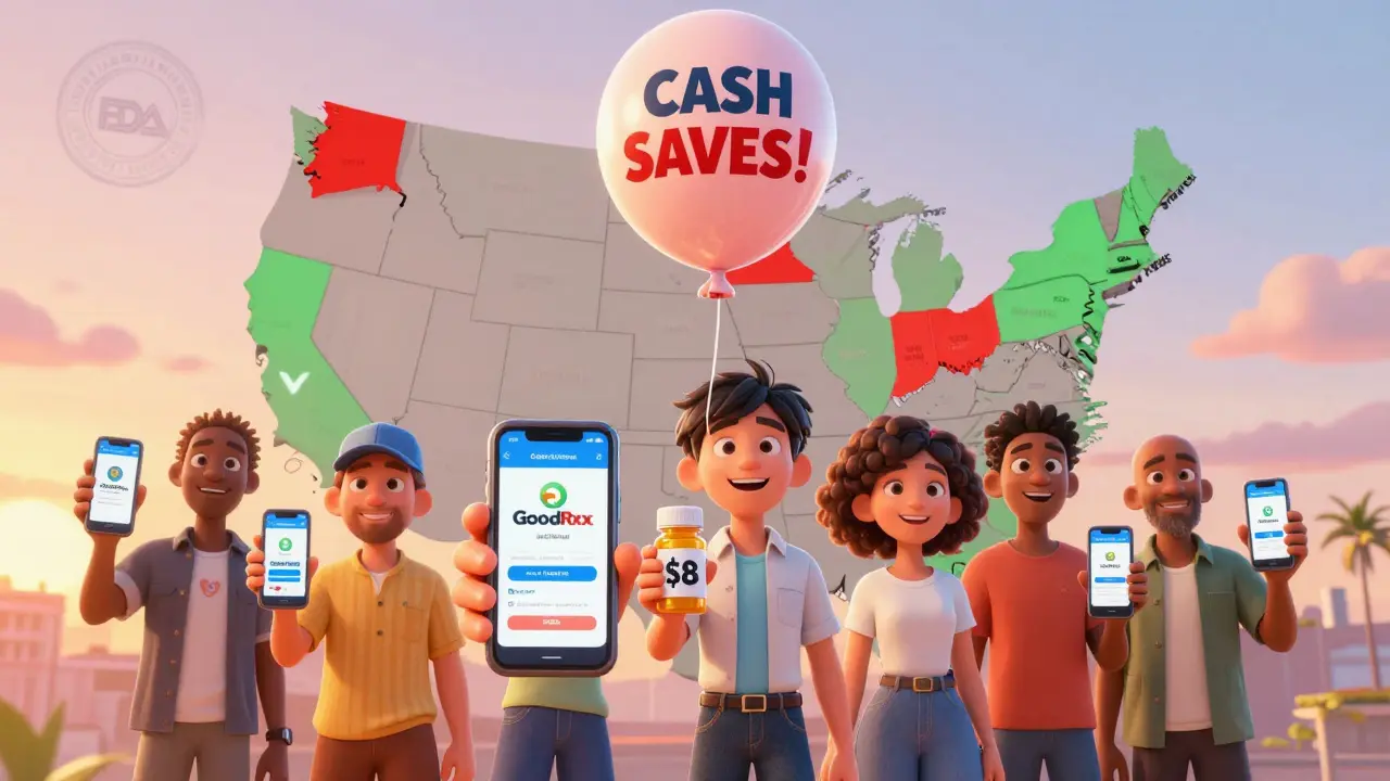People using price-comparison apps to save on generic drugs, with state price tags floating above a U.S. map, in Pixar style.