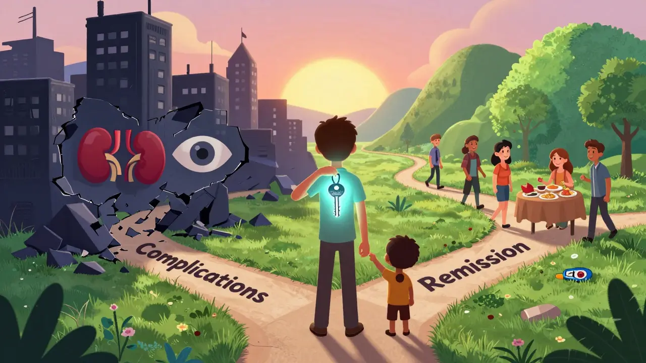 Person at crossroads: one path to complications, one to remission, holding a key labeled 'Lifestyle Change'.