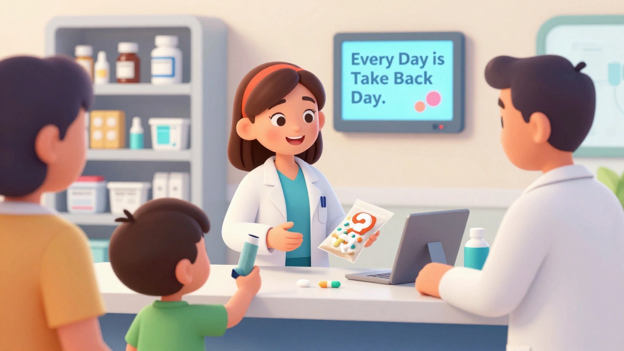 Person dropping off meds at a pharmacy take-back station with pharmacist smiling.