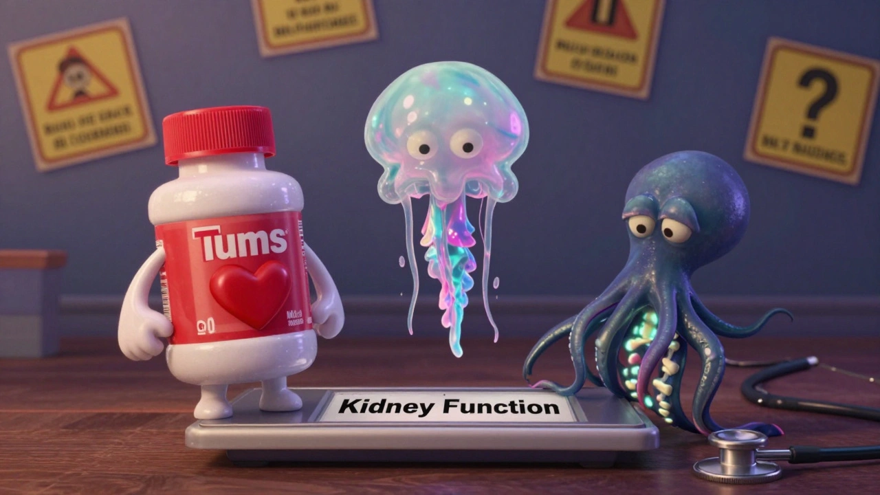 Personified antacid bottles with exaggerated features standing on a scale labeled &#039;Kidney Function&#039;.