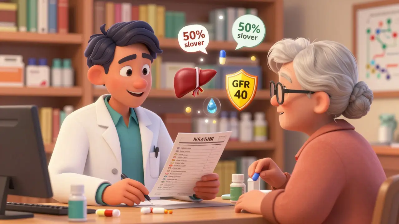 Pharmacist and elderly woman reviewing medication list with animated health icons floating above pills.