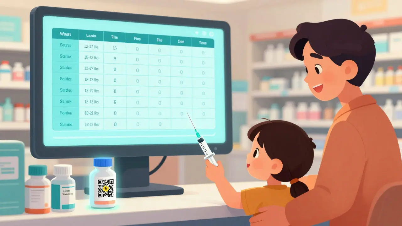 Pharmacist giving a dosing syringe to parent and child at pharmacy with digital dosing chart in background