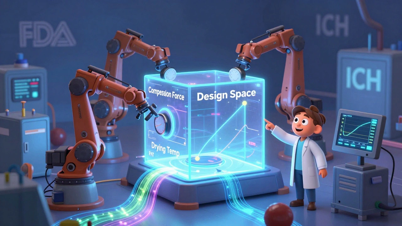 Robotic arms adjusting manufacturing settings inside a glowing design space cube.