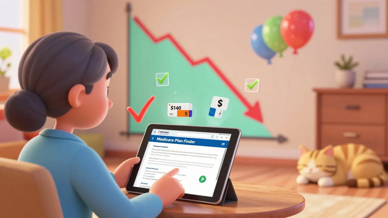 Senior comparing drug plans on a tablet with floating savings icons and a falling cost graph
