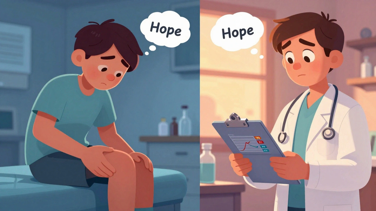Side-by-side scene of a suffering patient and a scientist with a clinical graph.