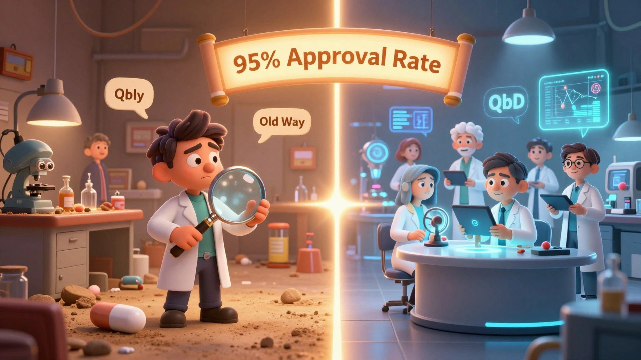 Split scene: chaotic old lab vs. modern QbD lab with glowing approval data.