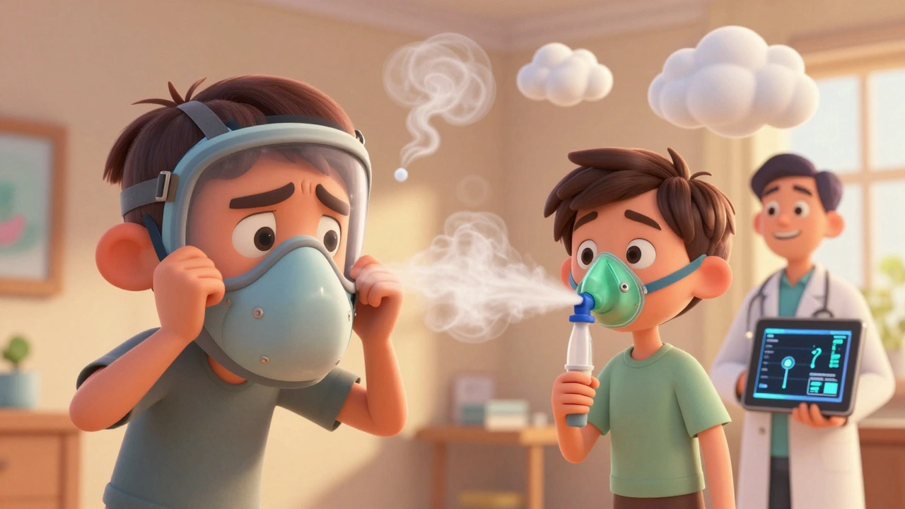 Split scene showing frustration with old CPAP mask vs. comfort with improved setup.