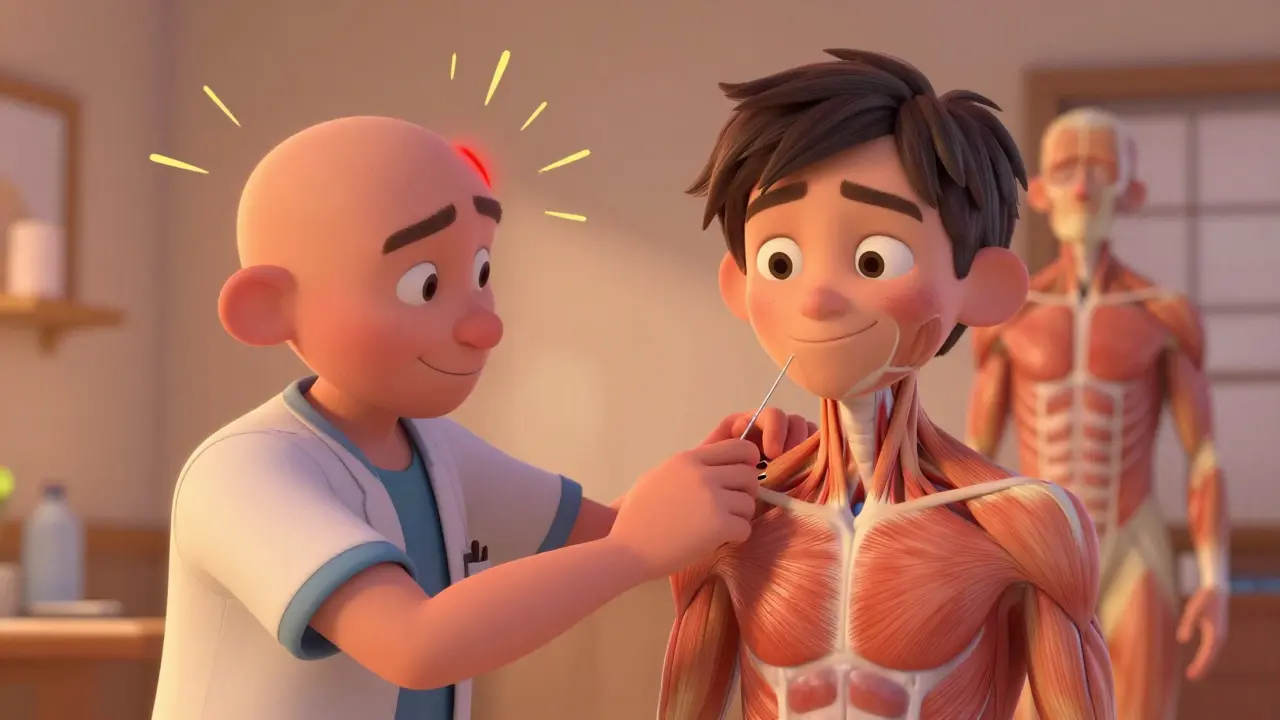 Therapist performing dry needling on jaw muscle with visible twitch response and pain relief