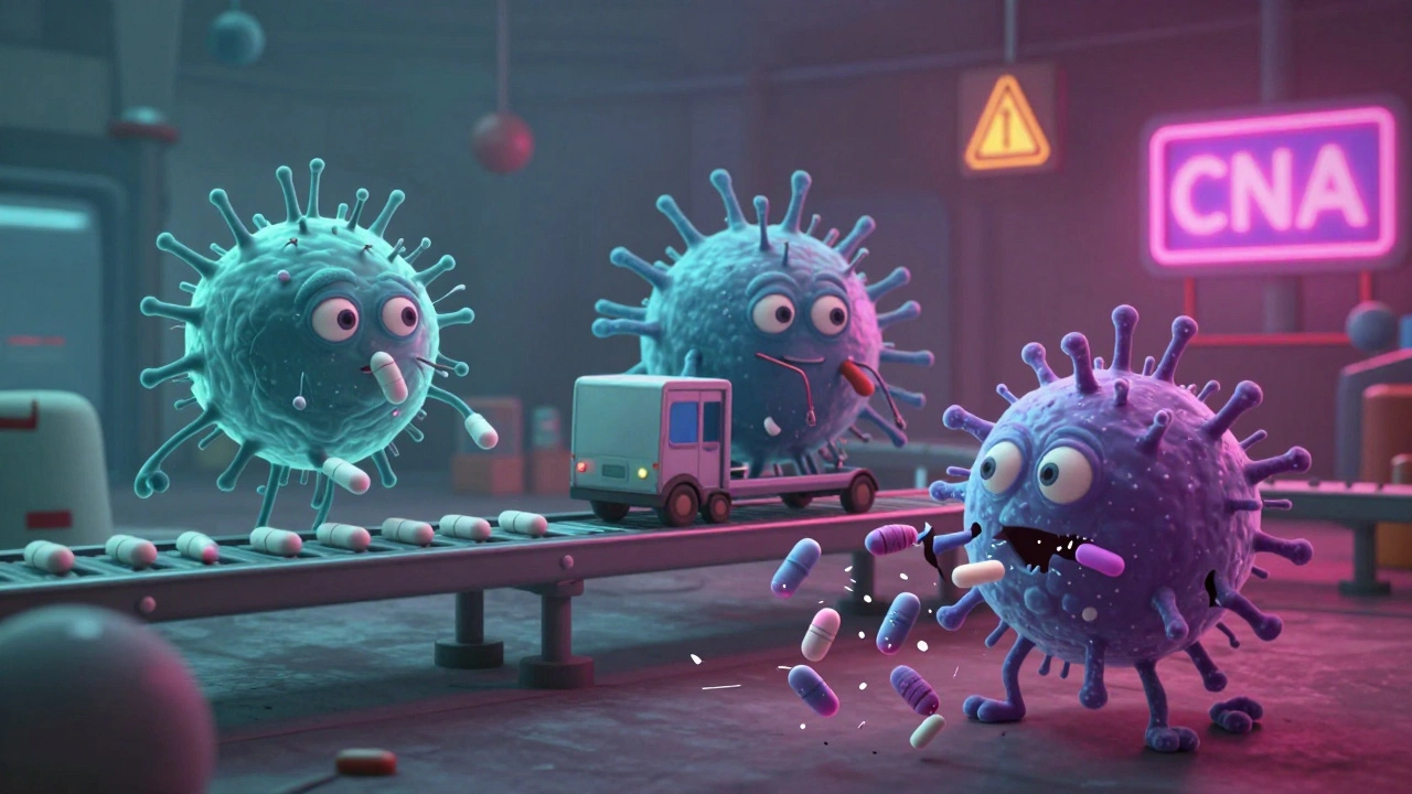 Three bacteria under attack by different antibiotics inside a cellular factory with glowing machinery.