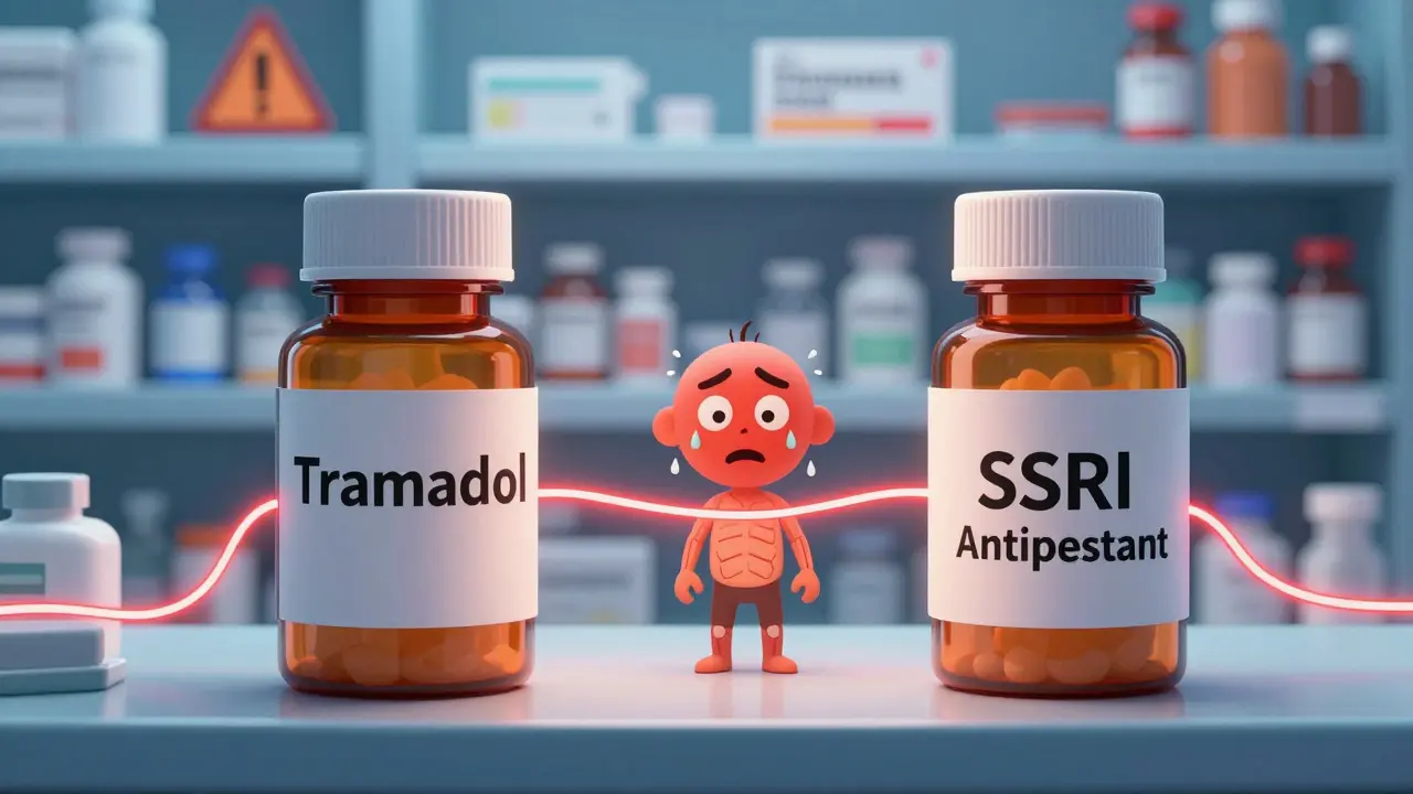 Two medicine bottles connected by a red warning wire, with a feverish patient caught between them in a pharmacy setting.