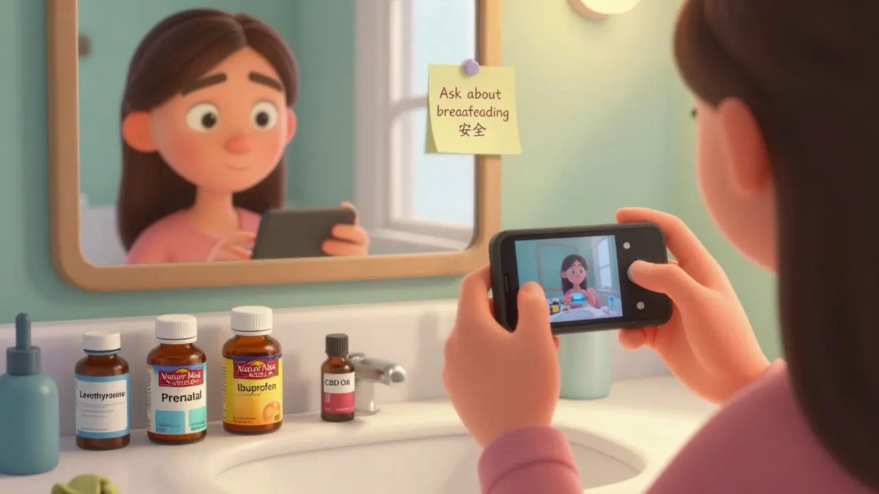 Woman photographing medicine bottles on a counter with sticky note about breastfeeding safety.