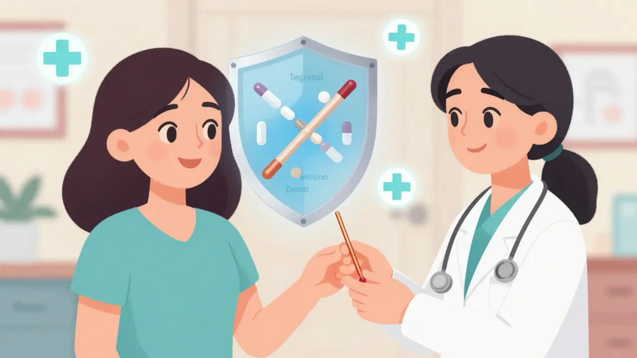 Woman receiving a copper IUD while safe birth control icons glow beside her.