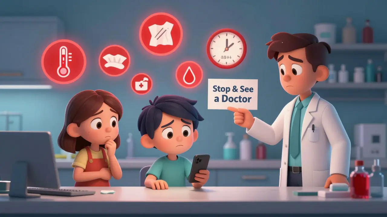 A family consulting a doctor over the phone as red warning icons float around them.