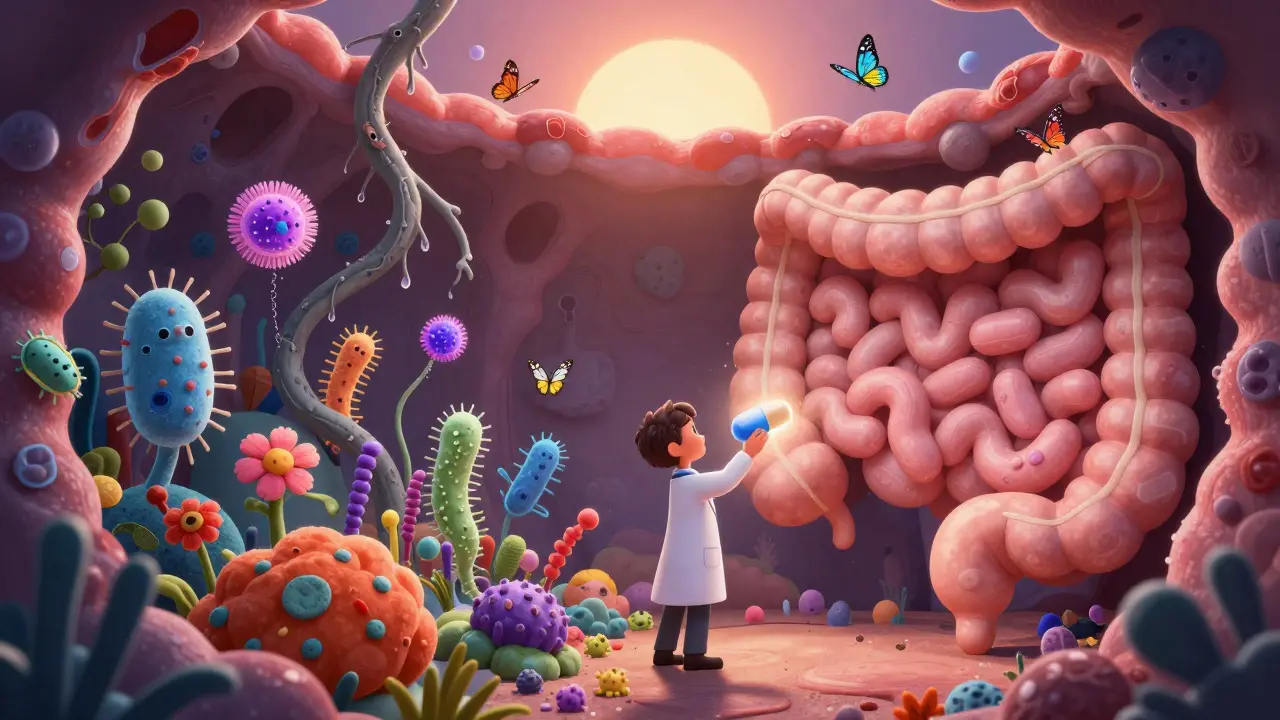 A glowing FMT capsule restoring a vibrant gut ecosystem as C. diff vines wither under a sunrise.