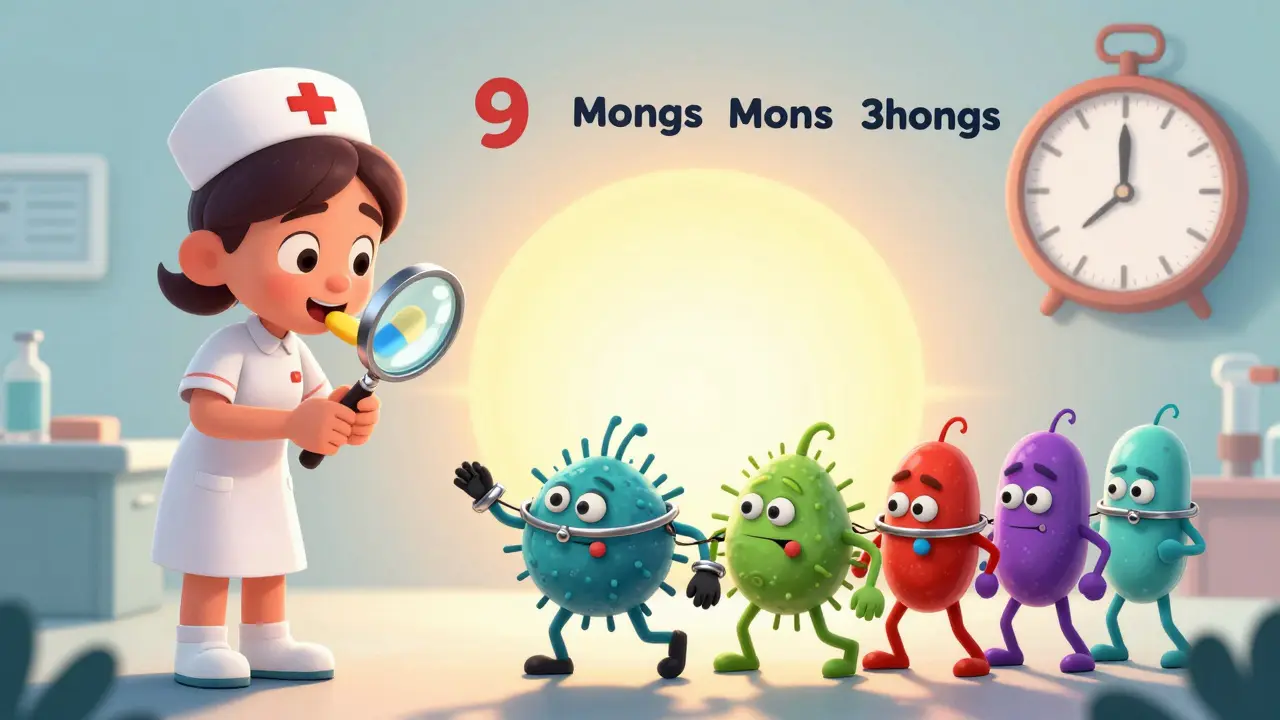 A nurse watching a patient take pills as antibiotic superheroes defeat TB bacteria.