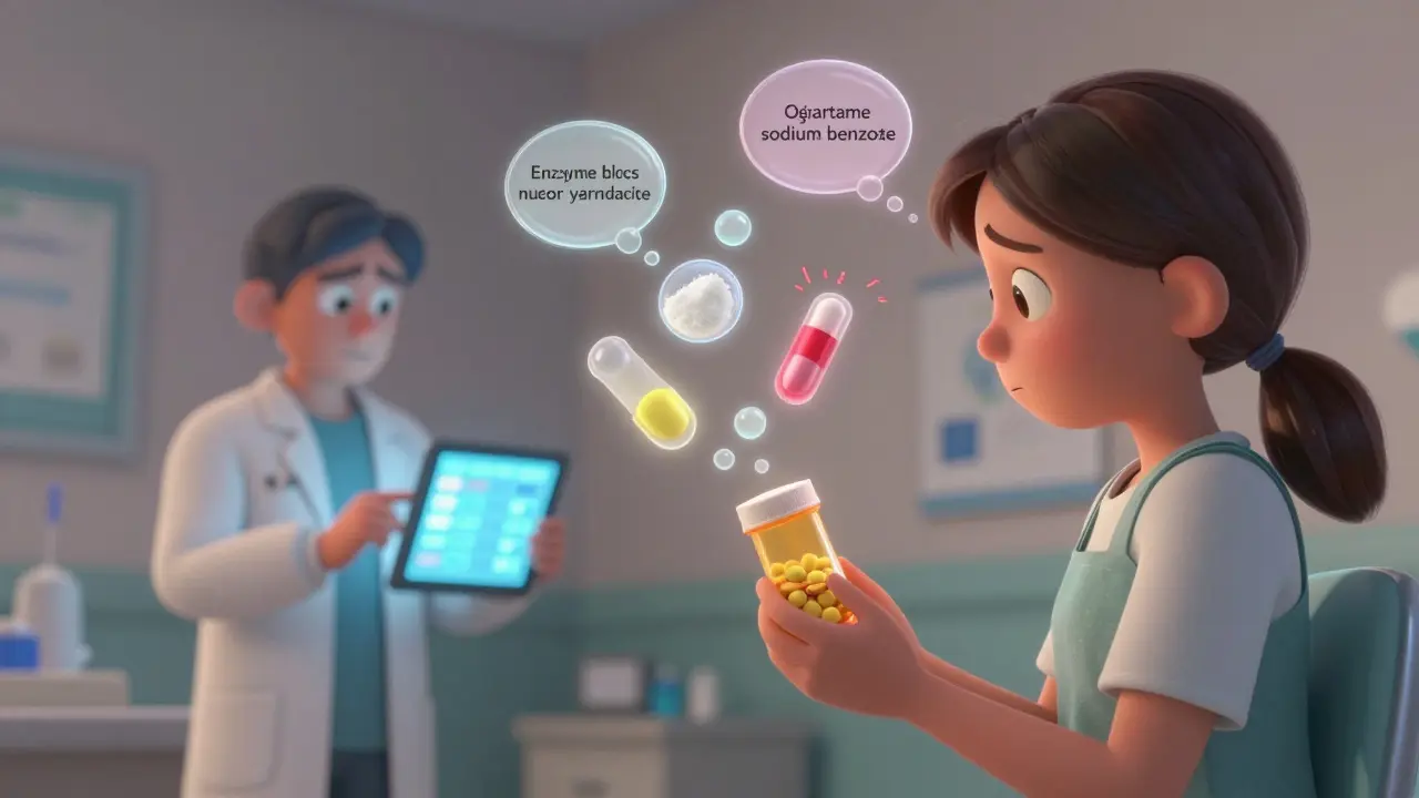 A patient holding a pill bottle as floating excipient sprites show biological interactions, with a pharmacist checking a database nearby.