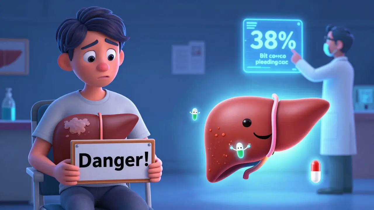 A patient with a scarred liver on one side and a healthy liver on the other, with statins reducing bleeding risk.
