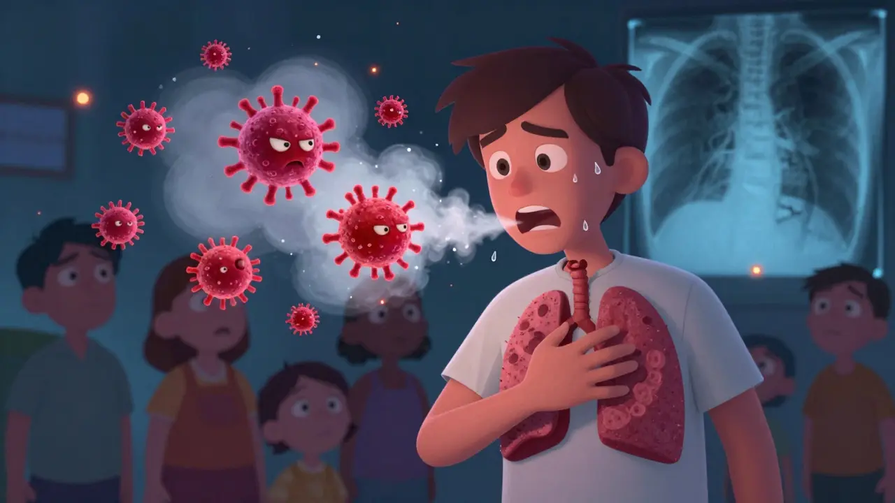 A person coughing with dark lung damage and glowing bacteria, showing active TB symptoms.