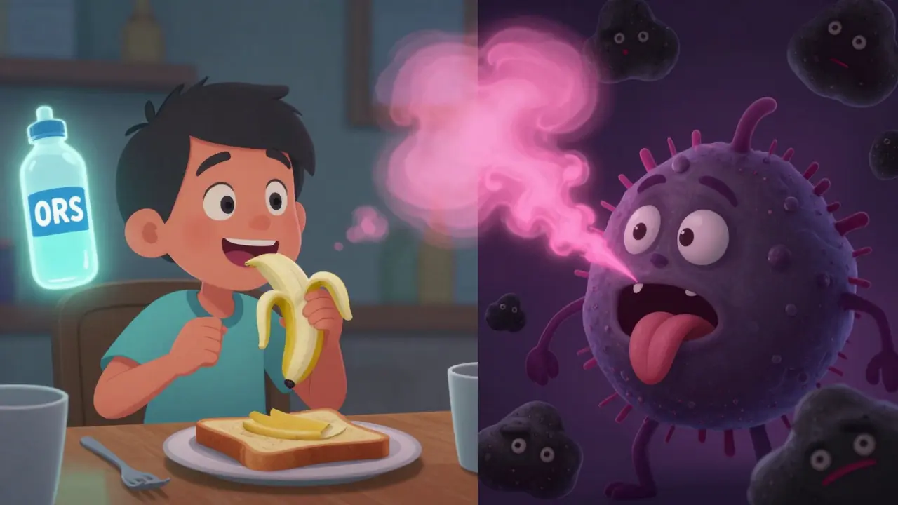 A person eating BRAT diet foods while Pepto-Bismol repels cartoon bacteria with pink mist.