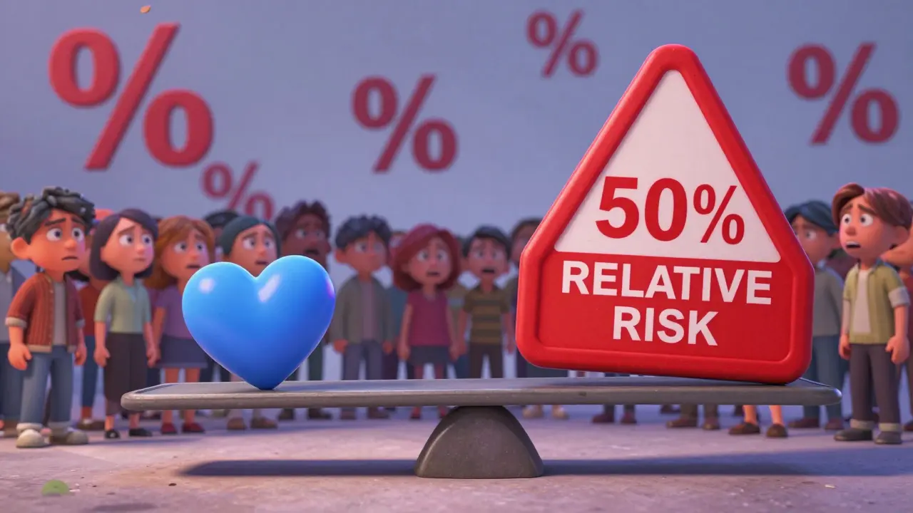 A scale balancing a small heart against a giant '50%' warning sign with worried people