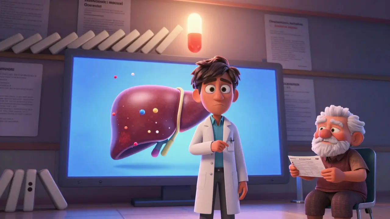 A scientist studying drug molecules in a liver model, with rejected applications behind and one approved pill glowing ahead.