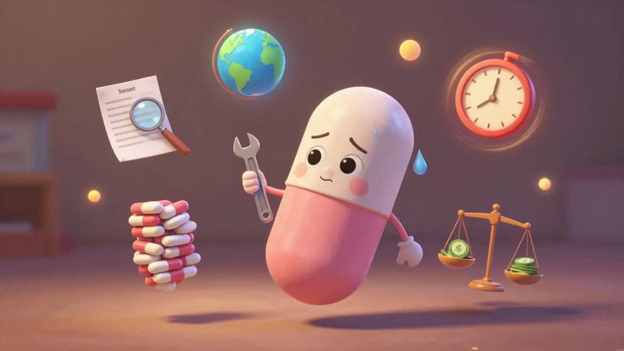 A smiling generic pill surrounded by icons of mass production, global shipping, and quality control, symbolizing hidden labor behind low prices.