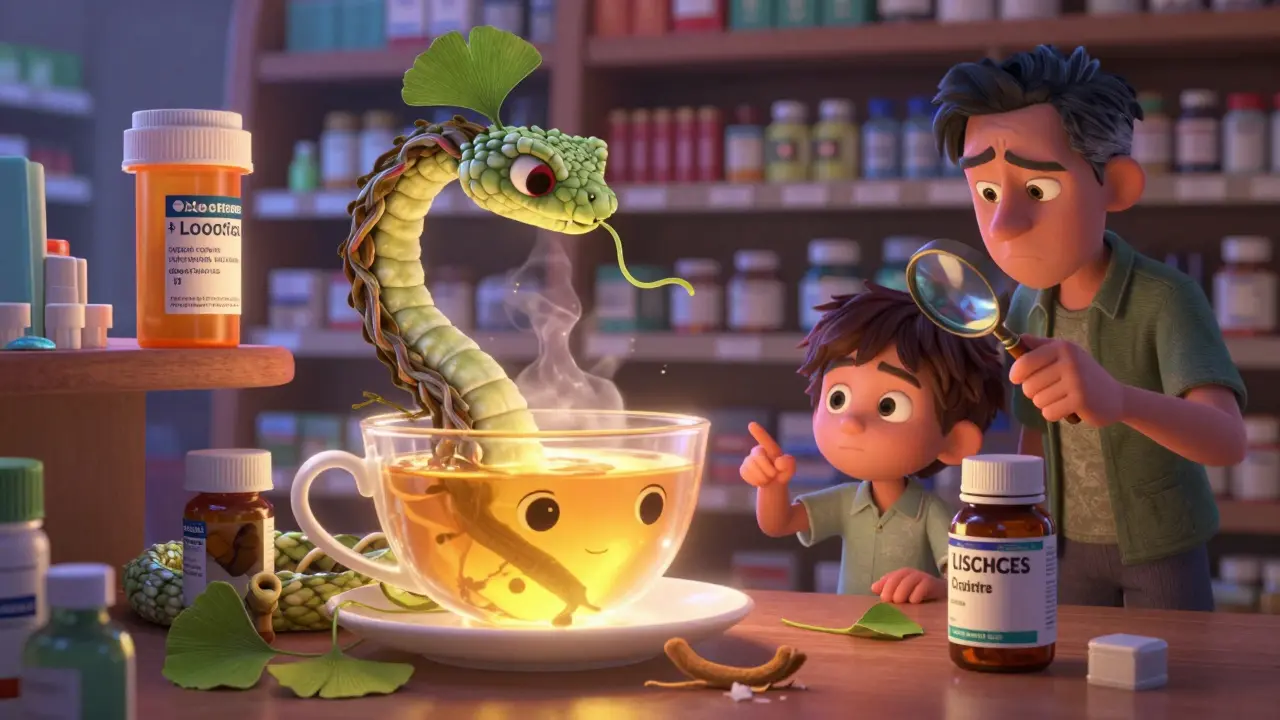 A tea cup turning into a serpent made of herbs, coiled around blood pressure medication.