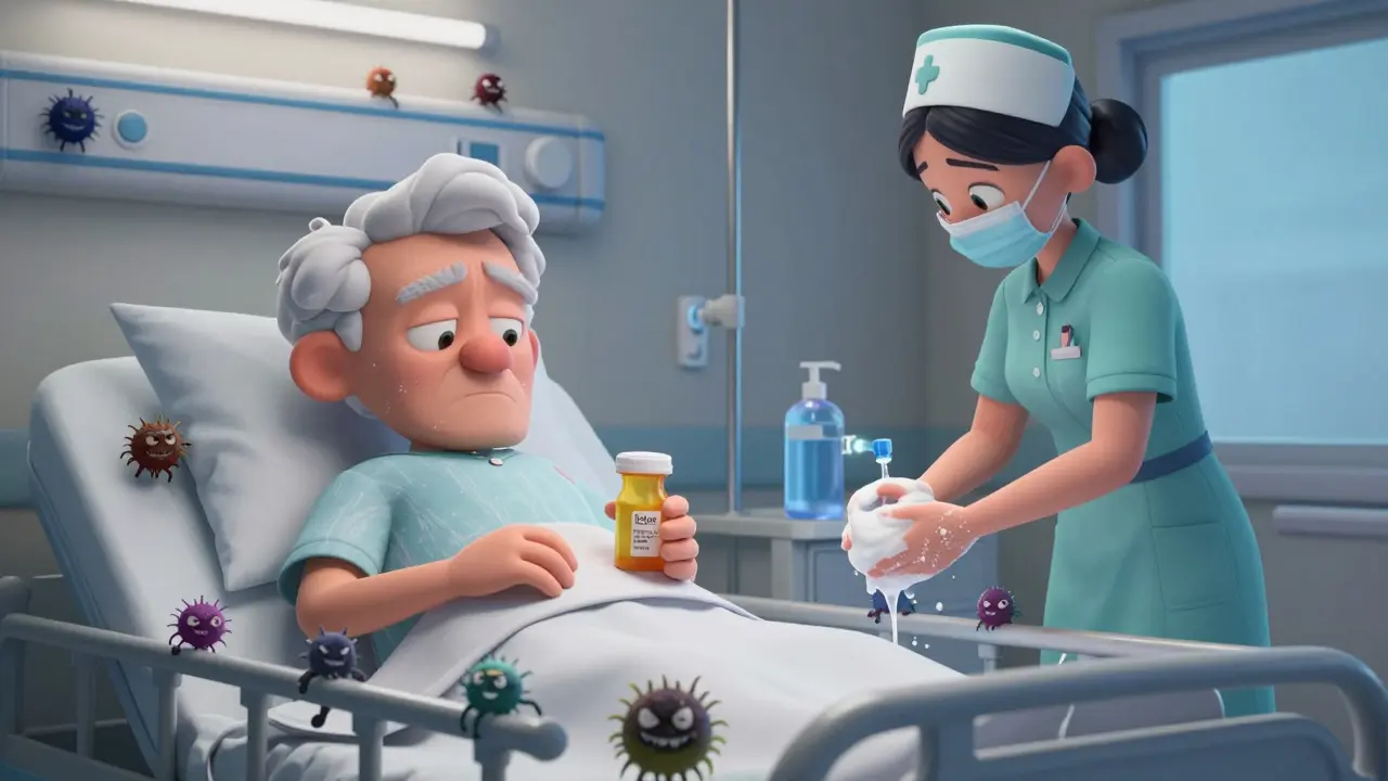 An elderly patient with antibiotics while C. diff spores spread on hospital surfaces, nurse washing hands.
