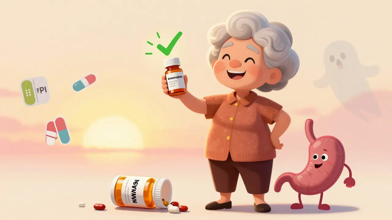 An elderly woman holding acetaminophen as a healthy stomach glows beside discarded NSAID bottles.