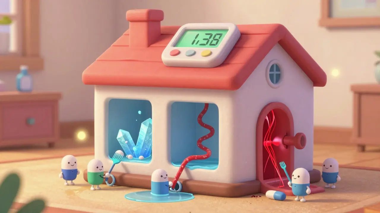 Cartoon body house with binders, diuretics, and anticoagulants fixing phosphate, fluid, and clot problems.