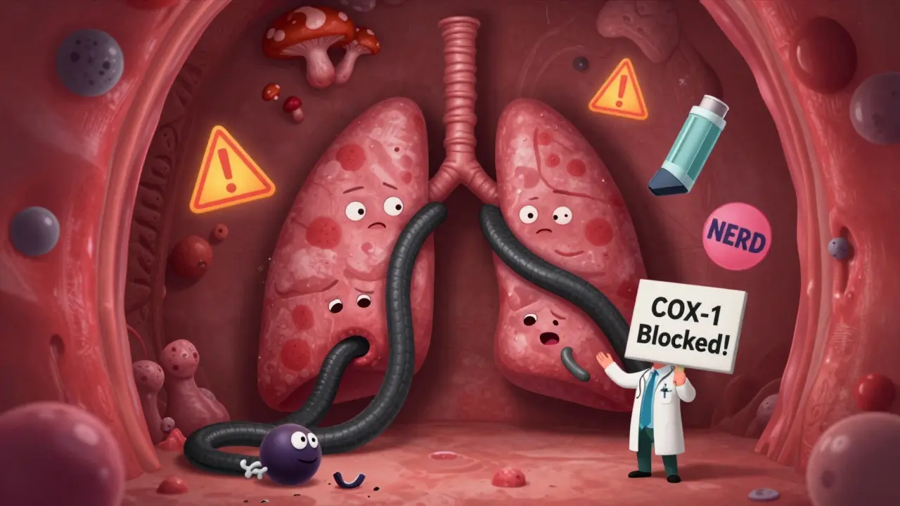 Cartoon lungs under attack by black leukotriene snakes, with broken prostaglandin molecule on floor.