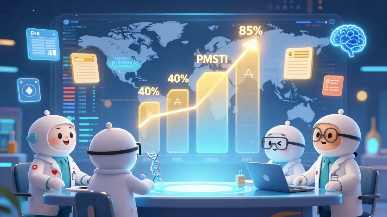 Cartoon pharmacovigilance team managing global drug safety data on a glowing control panel with rising PMSTI progress bar.