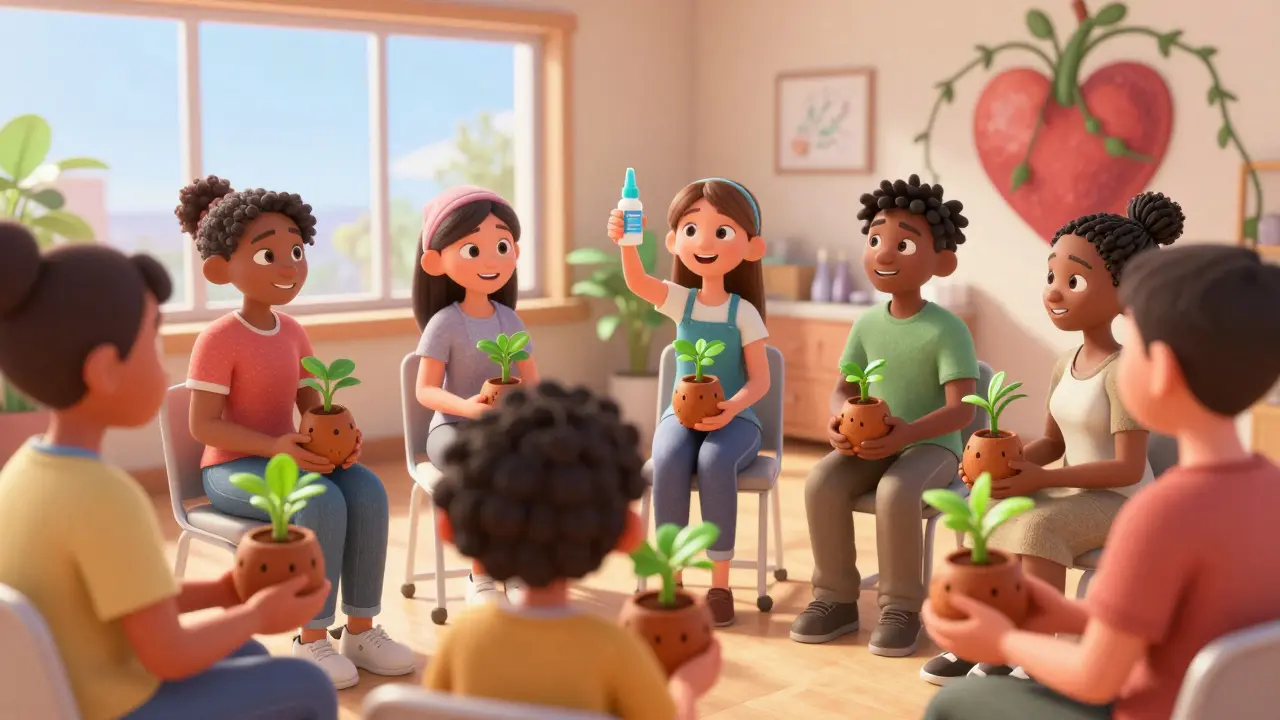 Diverse group of transplant patients holding plants growing from hair follicle pots in supportive circle.