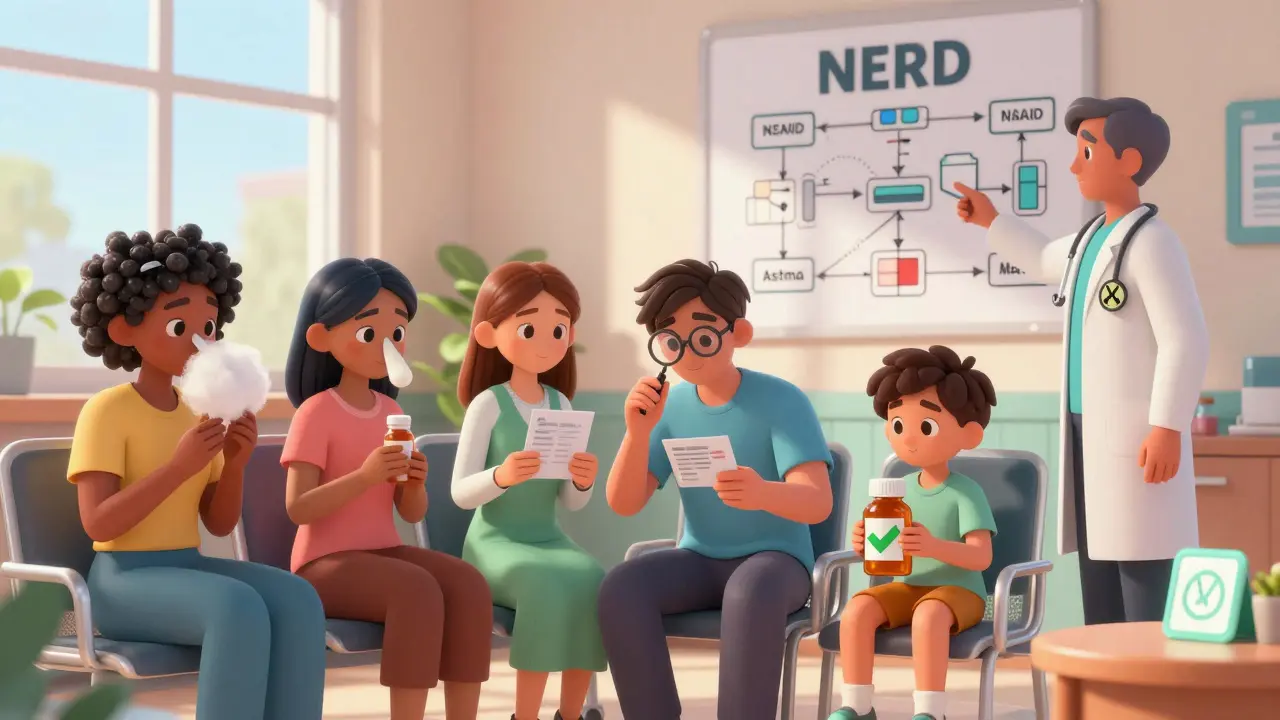 Diverse patients in clinic, one checking pill label, doctor pointing to NERD flowchart on wall.